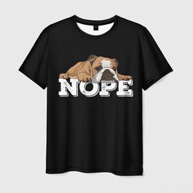 Мужская футболка 3D с принтом Ленивый Бульдог в Екатеринбурге, 100% полиэфир | прямой крой, круглый вырез горловины, длина до линии бедер | Тематика изображения на принте: animals | bulldog | dog | english | lazy | meme | memes | nope | английский | бульдог | дог | животные | ленивый | мем | нет | пес | собака