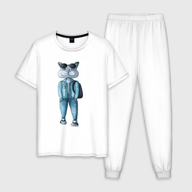 Мужская пижама хлопок с принтом Уличный котик  в Екатеринбурге, 100% хлопок | брюки и футболка прямого кроя, без карманов, на брюках мягкая резинка на поясе и по низу штанин
 | джинсы | животные | кот | лето | милые животные | очки | прогулка | серый | улица