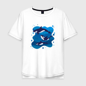 Мужская футболка хлопок Oversize с принтом Косатки в Екатеринбурге, 100% хлопок | свободный крой, круглый ворот, “спинка” длиннее передней части | whale | кит | киты | косатка | косатки | море