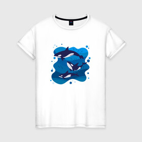 Женская футболка хлопок с принтом Косатки в Екатеринбурге, 100% хлопок | прямой крой, круглый вырез горловины, длина до линии бедер, слегка спущенное плечо | whale | кит | киты | косатка | косатки | море