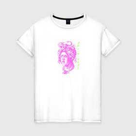 Женская футболка хлопок с принтом Медуза Горгона в Екатеринбурге, 100% хлопок | прямой крой, круглый вырез горловины, длина до линии бедер, слегка спущенное плечо | бог | девушка | женщина | змея | иероглифы | медуза горгона | мифическое существо | монстр | надпись на японском