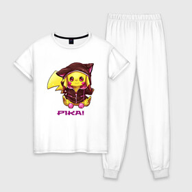 Женская пижама хлопок с принтом Пикачу в костюме в Екатеринбурге, 100% хлопок | брюки и футболка прямого кроя, без карманов, на брюках мягкая резинка на поясе и по низу штанин | anime | picachu | pikachu | аниме | милый | пика | пикачу | покебол | покемон