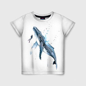 Детская футболка 3D с принтом кит в Екатеринбурге, 100% гипоаллергенный полиэфир | прямой крой, круглый вырез горловины, длина до линии бедер, чуть спущенное плечо, ткань немного тянется | ocean | sea | sea animal | whale | акварель | кит | море | океан | рисунок кита
