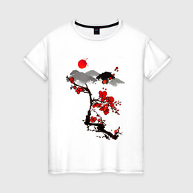 Женская футболка хлопок с принтом Рисунок Сакура в Екатеринбурге, 100% хлопок | прямой крой, круглый вырез горловины, длина до линии бедер, слегка спущенное плечо | горы | красный | пейзаж | рисунок | цветы | япония | японский стиль