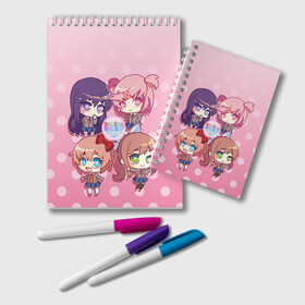 Блокнот с принтом DOKI DOKI LITERATURE CLUB в Екатеринбурге, 100% бумага | 48 листов, плотность листов — 60 г/м2, плотность картонной обложки — 250 г/м2. Листы скреплены удобной пружинной спиралью. Цвет линий — светло-серый
 | Тематика изображения на принте: club | doki doki | literature | monika | natsuki | novel | saeri | yuri | доки доки | клуб | литературный | моника | нацуки | роман | саёри | юри