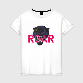 Женская футболка хлопок с принтом Пантера ROAR в Екатеринбурге, 100% хлопок | прямой крой, круглый вырез горловины, длина до линии бедер, слегка спущенное плечо | Тематика изображения на принте: roar | багира | голова пантеры | животное | кошка | пантера