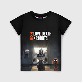 Детская футболка 3D с принтом Love, Death and Robots в Екатеринбурге, 100% гипоаллергенный полиэфир | прямой крой, круглый вырез горловины, длина до линии бедер, чуть спущенное плечо, ткань немного тянется | Тематика изображения на принте: cartoon | death | fantasy | heavy | horror | metal | miller | netflix | robots | tim | witness | любовь | миллер | мультфильм | робот | роботы | тим | ужасы | фэнтези