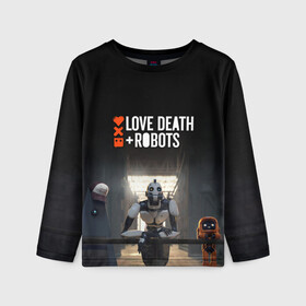Детский лонгслив 3D с принтом Love, Death and Robots в Екатеринбурге, 100% полиэстер | длинные рукава, круглый вырез горловины, полуприлегающий силуэт
 | cartoon | death | fantasy | heavy | horror | metal | miller | netflix | robots | tim | witness | любовь | миллер | мультфильм | робот | роботы | тим | ужасы | фэнтези