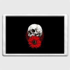 Магнит 45*70 с принтом Череп и Красный Цветок Skull в Екатеринбурге, Пластик | Размер: 78*52 мм; Размер печати: 70*45 | Тематика изображения на принте: flowers | head | skulls | букет | голова | животные | кости | мозги | паттерн | полосы | природа | розы | скелет | текстура | узор | флора | хо | цветы | черепа | черный | яркий