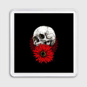 Магнит 55*55 с принтом Череп и Красный Цветок Skull в Екатеринбурге, Пластик | Размер: 65*65 мм; Размер печати: 55*55 мм | Тематика изображения на принте: flowers | head | skulls | букет | голова | животные | кости | мозги | паттерн | полосы | природа | розы | скелет | текстура | узор | флора | хо | цветы | черепа | черный | яркий