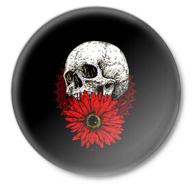 Значок с принтом Череп и Красный Цветок Skull в Екатеринбурге,  металл | круглая форма, металлическая застежка в виде булавки | Тематика изображения на принте: flowers | head | skulls | букет | голова | животные | кости | мозги | паттерн | полосы | природа | розы | скелет | текстура | узор | флора | хо | цветы | черепа | черный | яркий
