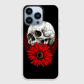 Чехол для iPhone 13 Pro с принтом Череп и Красный Цветок | Skull в Екатеринбурге,  |  | Тематика изображения на принте: flowers | head | skulls | букет | голова | животные | кости | мозги | паттерн | полосы | природа | розы | скелет | текстура | узор | флора | хо | цветы | черепа | черный | яркий