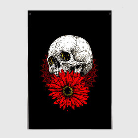 Постер с принтом Череп и Красный Цветок Skull в Екатеринбурге, 100% бумага
 | бумага, плотность 150 мг. Матовая, но за счет высокого коэффициента гладкости имеет небольшой блеск и дает на свету блики, но в отличии от глянцевой бумаги не покрыта лаком | flowers | head | skulls | букет | голова | животные | кости | мозги | паттерн | полосы | природа | розы | скелет | текстура | узор | флора | хо | цветы | черепа | черный | яркий