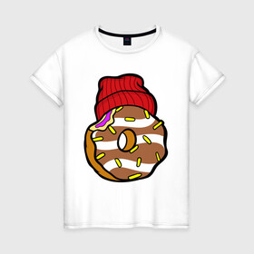 Женская футболка хлопок с принтом Донатос в Екатеринбурге, 100% хлопок | прямой крой, круглый вырез горловины, длина до линии бедер, слегка спущенное плечо | Тематика изображения на принте: donut | еда | кондитер | крутой | шапка