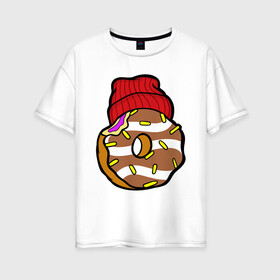 Женская футболка хлопок Oversize с принтом Донатос в Екатеринбурге, 100% хлопок | свободный крой, круглый ворот, спущенный рукав, длина до линии бедер
 | donut | еда | кондитер | крутой | шапка