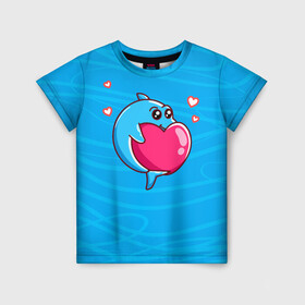 Детская футболка 3D с принтом Дельфин с сердечком в Екатеринбурге, 100% гипоаллергенный полиэфир | прямой крой, круглый вырез горловины, длина до линии бедер, чуть спущенное плечо, ткань немного тянется | dolphin | дельфин | дельфинчик | море | морские | на голубом | с дельфином | с сердцем | сердечко