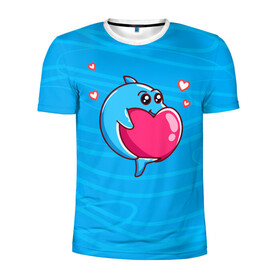 Мужская футболка 3D спортивная с принтом Дельфин с сердечком в Екатеринбурге, 100% полиэстер с улучшенными характеристиками | приталенный силуэт, круглая горловина, широкие плечи, сужается к линии бедра | dolphin | дельфин | дельфинчик | море | морские | на голубом | с дельфином | с сердцем | сердечко
