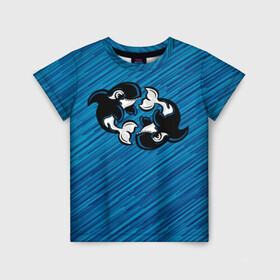 Детская футболка 3D с принтом Две косатки в Екатеринбурге, 100% гипоаллергенный полиэфир | прямой крой, круглый вырез горловины, длина до линии бедер, чуть спущенное плечо, ткань немного тянется | Тематика изображения на принте: whale | кит | косатка | косатки | на синем | с косатками