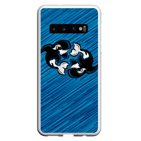 Чехол для Samsung Galaxy S10 с принтом Две косатки в Екатеринбурге, Силикон | Область печати: задняя сторона чехла, без боковых панелей | whale | кит | косатка | косатки | на синем | с косатками