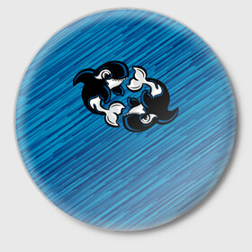 Значок с принтом Две косатки в Екатеринбурге,  металл | круглая форма, металлическая застежка в виде булавки | Тематика изображения на принте: whale | кит | косатка | косатки | на синем | с косатками