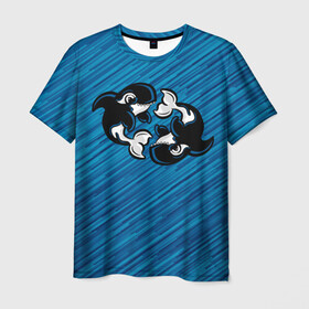 Мужская футболка 3D с принтом Две косатки в Екатеринбурге, 100% полиэфир | прямой крой, круглый вырез горловины, длина до линии бедер | whale | кит | косатка | косатки | на синем | с косатками
