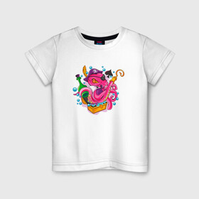 Детская футболка хлопок с принтом Осьминог пират в Екатеринбурге, 100% хлопок | круглый вырез горловины, полуприлегающий силуэт, длина до линии бедер | cute | octopus | pirat | кракен | осьминог | осьминожка | пират | щупальца