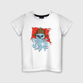 Детская футболка хлопок с принтом Осьминог в каске в Екатеринбурге, 100% хлопок | круглый вырез горловины, полуприлегающий силуэт, длина до линии бедер | Тематика изображения на принте: cute | octopus | pirat | в каске | кракен | осьминог | осьминожка | пират | скелет | череп | щупальца
