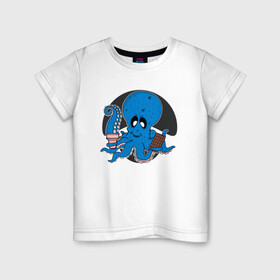 Детская футболка хлопок с принтом Осьминог с шоколадкой в Екатеринбурге, 100% хлопок | круглый вырез горловины, полуприлегающий силуэт, длина до линии бедер | cute | octopus | милый | мороженное | осьминог | осьминожка | сладости | тентакли | шоколадка