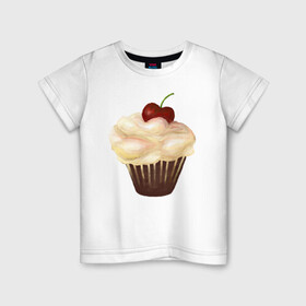 Детская футболка хлопок с принтом Cupcake with cherry art в Екатеринбурге, 100% хлопок | круглый вырез горловины, полуприлегающий силуэт, длина до линии бедер | Тематика изображения на принте: art | cherry | cooking | cupcake | vypichka | yummy | арт | вишня | вкусняшка | выпичка | кекс | кулинария