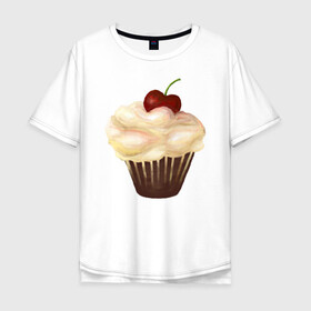 Мужская футболка хлопок Oversize с принтом Cupcake with cherry art в Екатеринбурге, 100% хлопок | свободный крой, круглый ворот, “спинка” длиннее передней части | art | cherry | cooking | cupcake | vypichka | yummy | арт | вишня | вкусняшка | выпичка | кекс | кулинария