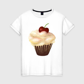 Женская футболка хлопок с принтом Cupcake with cherry art в Екатеринбурге, 100% хлопок | прямой крой, круглый вырез горловины, длина до линии бедер, слегка спущенное плечо | art | cherry | cooking | cupcake | vypichka | yummy | арт | вишня | вкусняшка | выпичка | кекс | кулинария
