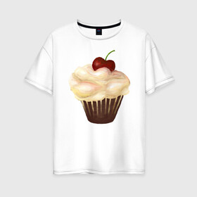 Женская футболка хлопок Oversize с принтом Cupcake with cherry art в Екатеринбурге, 100% хлопок | свободный крой, круглый ворот, спущенный рукав, длина до линии бедер
 | art | cherry | cooking | cupcake | vypichka | yummy | арт | вишня | вкусняшка | выпичка | кекс | кулинария