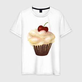 Мужская футболка хлопок с принтом Cupcake with cherry art в Екатеринбурге, 100% хлопок | прямой крой, круглый вырез горловины, длина до линии бедер, слегка спущенное плечо. | art | cherry | cooking | cupcake | vypichka | yummy | арт | вишня | вкусняшка | выпичка | кекс | кулинария