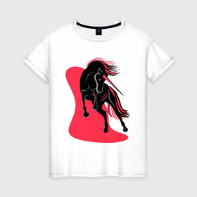 Женская футболка хлопок с принтом ЧЕРНЫЙ ЕДИНОРОГ в Екатеринбурге, 100% хлопок | прямой крой, круглый вырез горловины, длина до линии бедер, слегка спущенное плечо | evil unicorn | единорог | красное и белое | черный единорог