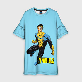 Детское платье 3D с принтом Invincible Неуязвимый в Екатеринбурге, 100% полиэстер | прямой силуэт, чуть расширенный к низу. Круглая горловина, на рукавах — воланы | boy | cartoon | damien darkblood | hero | invincible | superhero | герой | марк грейсон | мультик | мультсериал | непобедимый | неуязвимый | персонаж | супергерой