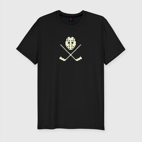 Мужская футболка хлопок Slim с принтом Маска в Екатеринбурге, 92% хлопок, 8% лайкра | приталенный силуэт, круглый вырез ворота, длина до линии бедра, короткий рукав | hockey | pixel art | вратарь | клюшки | пиксель арт | хоккей | хоккейная маска