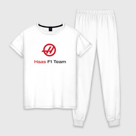 Женская пижама хлопок с принтом Haas F1 Team в Екатеринбурге, 100% хлопок | брюки и футболка прямого кроя, без карманов, на брюках мягкая резинка на поясе и по низу штанин | f1 | haas | грожан | магнуссен | мазепин | ф1 | феррари | формула 1 | хаас