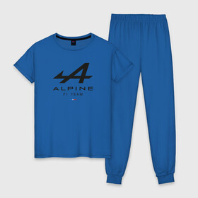 Женская пижама хлопок с принтом Alpine F1 team в Екатеринбурге, 100% хлопок | брюки и футболка прямого кроя, без карманов, на брюках мягкая резинка на поясе и по низу штанин | Тематика изображения на принте: alpine | f1 | renault | team | рено | ф1 | фернандо алонсо | формула 1