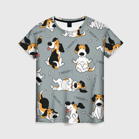 Женская футболка 3D с принтом Собаки Бигли в Екатеринбурге, 100% полиэфир ( синтетическое хлопкоподобное полотно) | прямой крой, круглый вырез горловины, длина до линии бедер | dog | бигли | бигль | животные | пес | природа | собака | собаки | собакчка | собачки