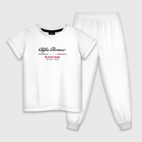 Детская пижама хлопок с принтом Alfa Romeo F1 Team в Екатеринбурге, 100% хлопок |  брюки и футболка прямого кроя, без карманов, на брюках мягкая резинка на поясе и по низу штанин
 | Тематика изображения на принте: alfa romeo | f1 | formula 1 | team | альфе ромео | антонио джовинации | кими райкконен | логотип | ф1 | формула 1