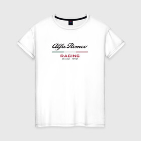 Женская футболка хлопок с принтом Alfa Romeo F1 Team в Екатеринбурге, 100% хлопок | прямой крой, круглый вырез горловины, длина до линии бедер, слегка спущенное плечо | alfa romeo | f1 | formula 1 | team | альфе ромео | антонио джовинации | кими райкконен | логотип | ф1 | формула 1