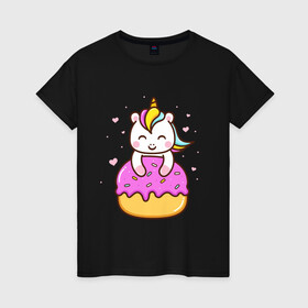 Женская футболка хлопок с принтом Милый единорог с пончиком в Екатеринбурге, 100% хлопок | прямой крой, круглый вырез горловины, длина до линии бедер, слегка спущенное плечо | cute | funny | pony | rainbow | unicorn | единорог | единорожка | милый | пони | пончик | радуга