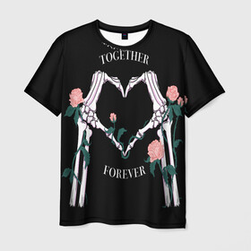 Мужская футболка 3D с принтом Вместе навсегда/together forever в Екатеринбурге, 100% полиэфир | прямой крой, круглый вырез горловины, длина до линии бедер | bones | flowers | forever | heart | love | кости | любовь | навсегда | сердечко | цветы