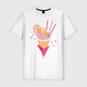 Мужская футболка хлопок Slim с принтом Кавай в Екатеринбурге, 92% хлопок, 8% лайкра | приталенный силуэт, круглый вырез ворота, длина до линии бедра, короткий рукав | cats | ice cream | japan | kawai | sweets | кавай | коты | мороженное | сладости | япония