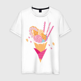 Мужская футболка хлопок с принтом Кавай в Екатеринбурге, 100% хлопок | прямой крой, круглый вырез горловины, длина до линии бедер, слегка спущенное плечо. | cats | ice cream | japan | kawai | sweets | кавай | коты | мороженное | сладости | япония