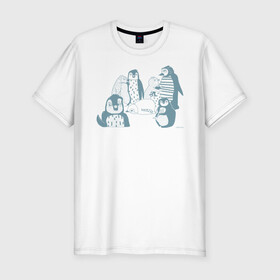 Мужская футболка хлопок Slim с принтом Пингвины в Екатеринбурге, 92% хлопок, 8% лайкра | приталенный силуэт, круглый вырез ворота, длина до линии бедра, короткий рукав | Тематика изображения на принте: emotions | fish | humor | penguins | winter | зима | пингвины | рыба | эмоции | юмор