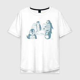Мужская футболка хлопок Oversize с принтом Пингвины в Екатеринбурге, 100% хлопок | свободный крой, круглый ворот, “спинка” длиннее передней части | Тематика изображения на принте: emotions | fish | humor | penguins | winter | зима | пингвины | рыба | эмоции | юмор