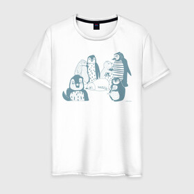 Мужская футболка хлопок с принтом Пингвины в Екатеринбурге, 100% хлопок | прямой крой, круглый вырез горловины, длина до линии бедер, слегка спущенное плечо. | emotions | fish | humor | penguins | winter | зима | пингвины | рыба | эмоции | юмор
