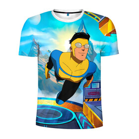 Мужская футболка 3D спортивная с принтом Неуязвимый (Invincible) в Екатеринбурге, 100% полиэстер с улучшенными характеристиками | приталенный силуэт, круглая горловина, широкие плечи, сужается к линии бедра | damien darkblood | invincible | superman | марк грэйсон | мультсериал | неуязвимый | супергерой