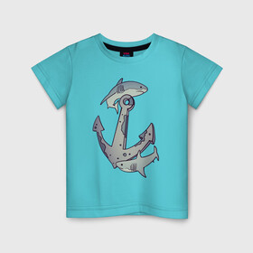 Детская футболка хлопок с принтом Sharks around the anchor в Екатеринбурге, 100% хлопок | круглый вырез горловины, полуприлегающий силуэт, длина до линии бедер | fish | sea | shark | акула | море | плавники | под водой | рыба | якорь